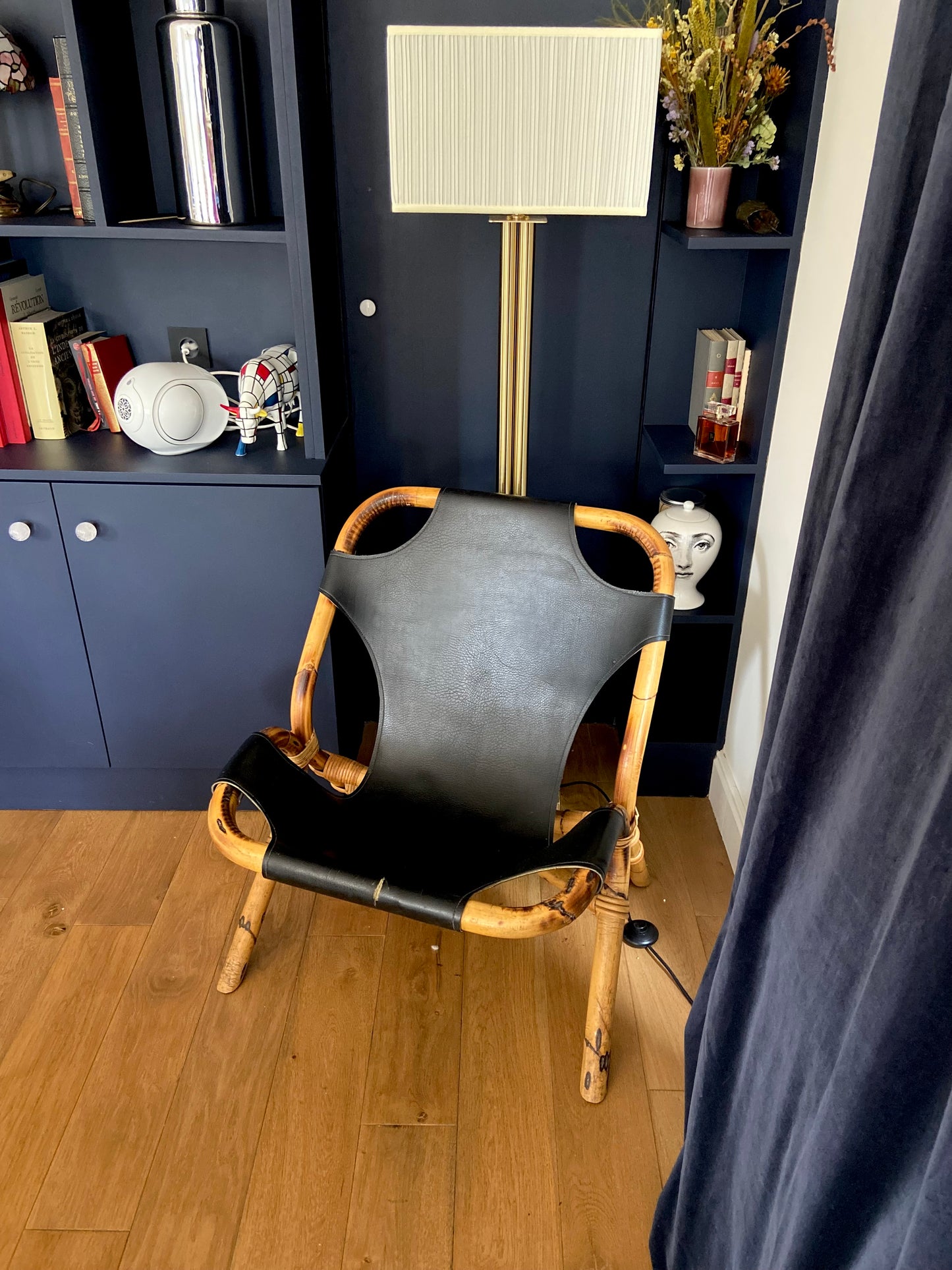 Bamboo and leather armchair with shoulder strap - circa 1960.