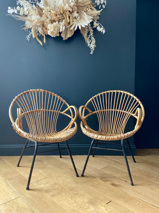 Pair of rattan basket armchairs - circa 1960.